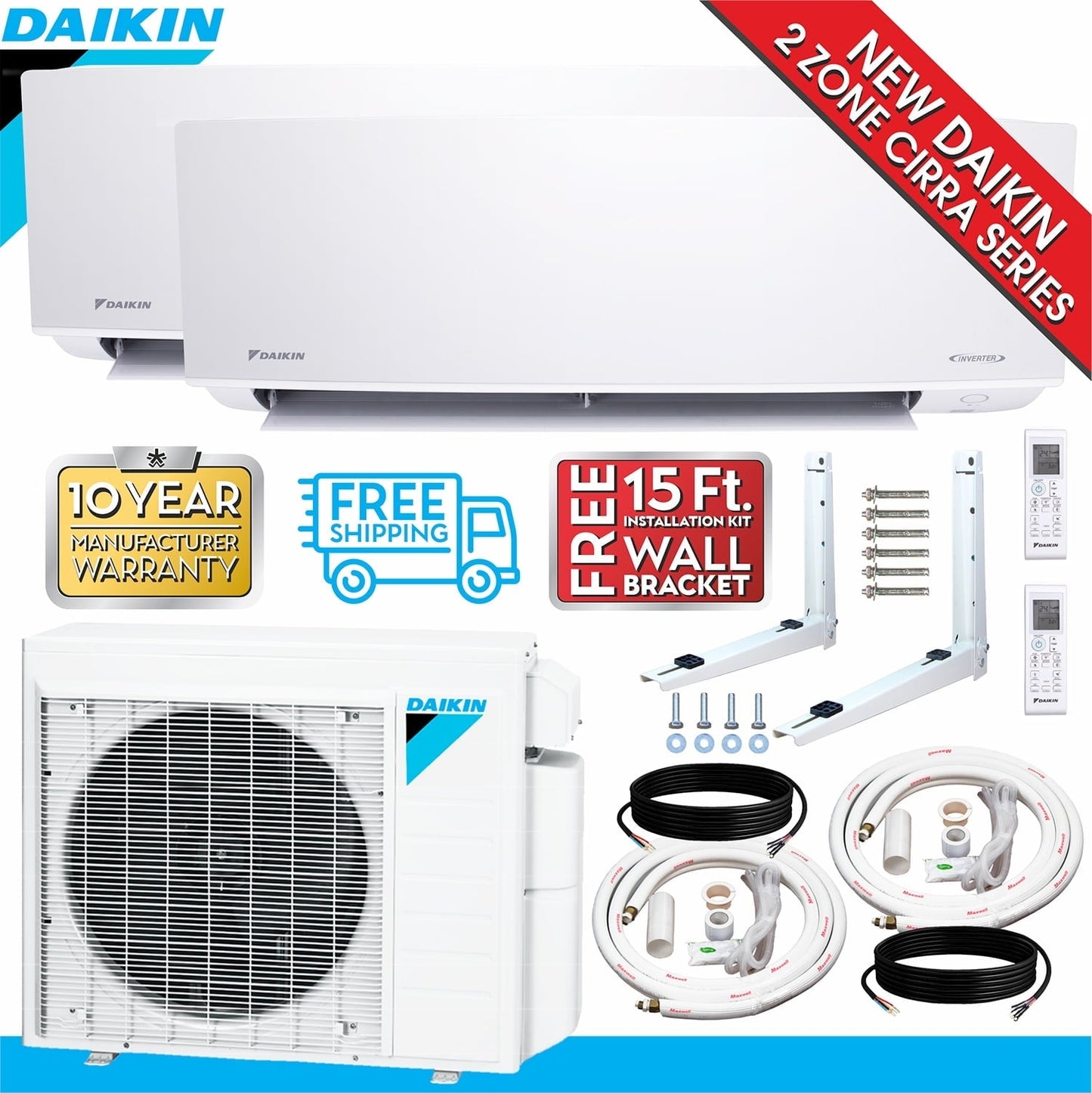 Daikin 2-Zone (12.000 BTU +12.000 BTU) CIRRA Series Mini Split Air Conditioner Heat Pump System with 15 ft. Installation Kit and Wall Bracket