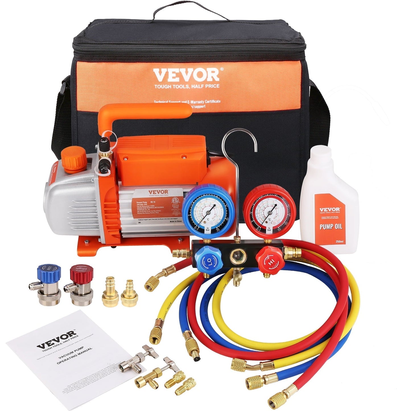 BENTISM HVAC Vacuum Pump 120V 1/5 HP 3.5 CFM Gauge Set Manifold Gauge Kit with Hose for automotive refrigeration and central air-conditioning maintenance