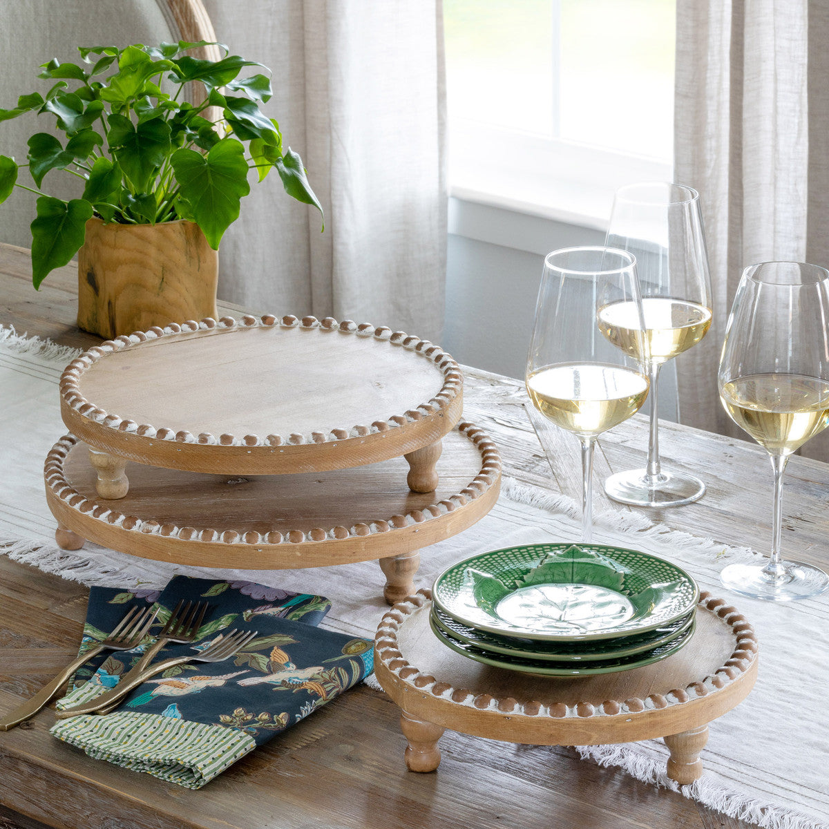 Beaded Wood Round Stand/Serving Tray