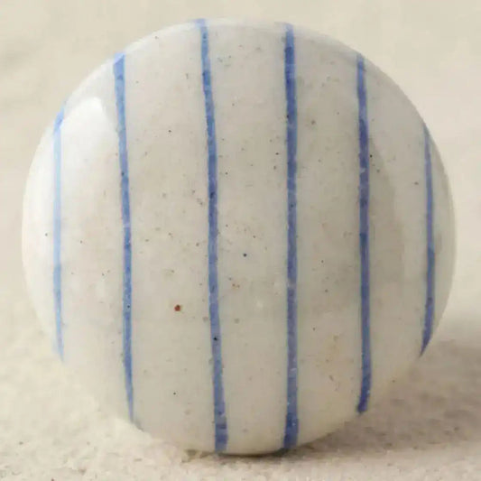 Blue Striped White Ceramic Cabinet Knobs - Set of 6